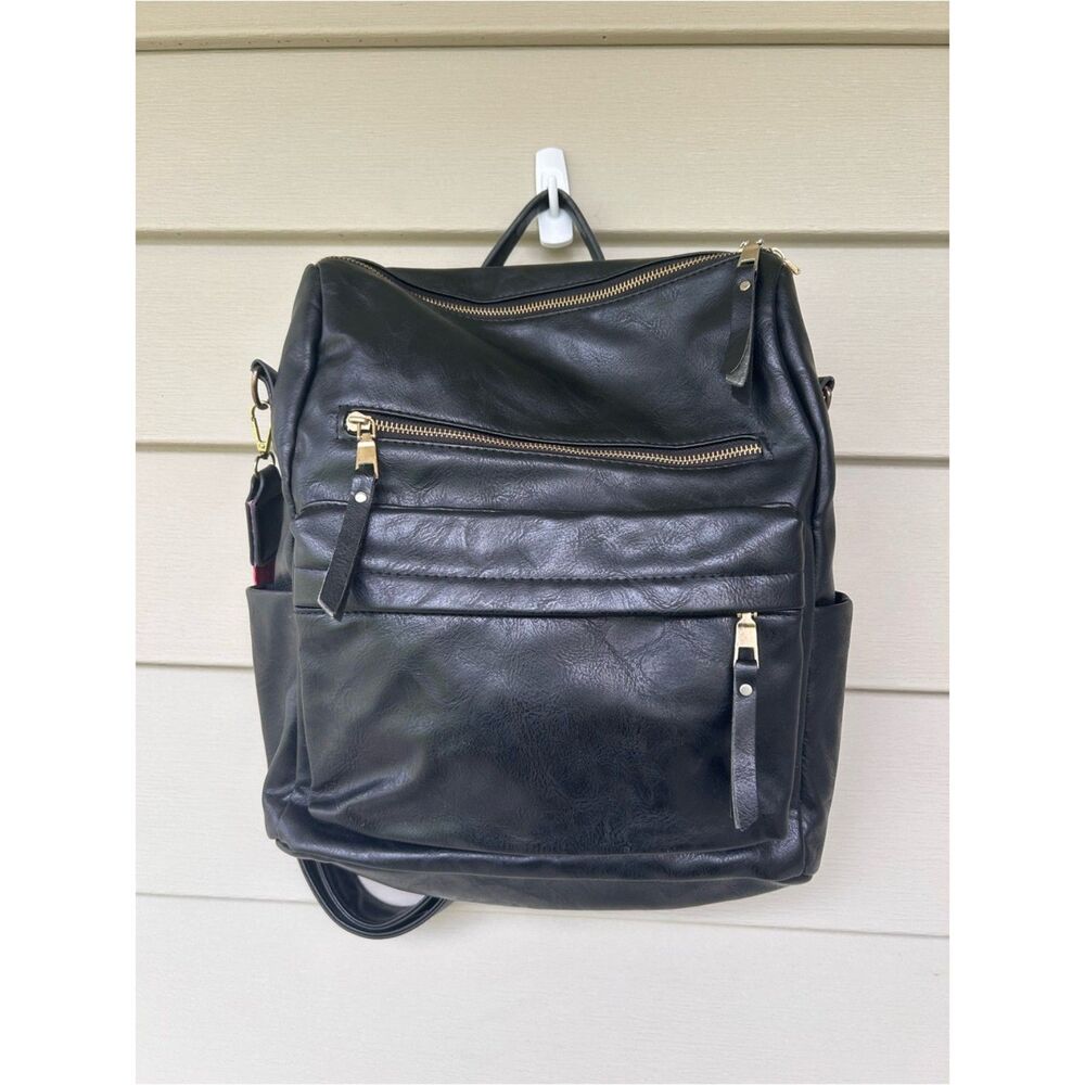 Black Leather Backpack with Colorful Strap